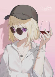 Rule 34 | 1girl, absurdres, bang dream!, bang dream! it&#039;s mygo!!!!!, baseball cap, black hat, blonde hair, commentary, cup, cyrilcyclone, dated, dress shirt, drinking glass, hair between eyes, hat, highres, holding, holding cup, long hair, medium hair, misumi uika, purple eyes, round eyewear, shadow, shirt, signature, solo, sunglasses, three-quarter sleeves, upper body, white shirt, wine glass