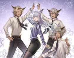 Rule 34 | 1girl, 3boys, animal ears, black neckwear, blouson chiemi, blunt bangs, commentary request, dark-skinned male, dark skin, elsam (granblue fantasy), erune, frontier town, granblue fantasy, granblue fantasy (style), high five, korwa, long hair, looking at viewer, lowain (granblue fantasy), multiple boys, necktie, parody, pencil skirt, pinstripe pattern, purple background, silver hair, skirt, star (symbol), striped, thumbs up, tomoi (granblue fantasy)