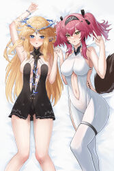 2girls :p absurdres alternate_eye_color arm_up armpits ayloss bare_shoulders black_bow black_collar black_dress blue_eyes blush bodysuit bow breasts cartethyia_(wuthering_waves) collar commentary_request crown_of_thorns dress earrings fingernails from_above green_eyes hair_between_eyes hair_bow hairband highres holding_hands jewelry long_hair looking_at_viewer lupa_(wuthering_waves) lying medium_breasts metal_hairband multiple_girls multiple_hair_bows navel necklace on_back parted_bangs pink_hair pointy_ears red_pupils sidelocks tacet_mark_(wuthering_waves) tail thighs tongue tongue_out twintails v white_bodysuit wolf_tail wuthering_waves