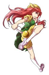 1girl alphes_(style) ass bare_arms closed_mouth commentary_request dairi floating_hair from_side full_body hair_ribbon hat holding kneehighs large_variant_set leg_up loafers long_hair orange_(touhou) parody puffy_short_sleeves puffy_sleeves red_hair ribbon shirt shoes short_sleeves shorts socks solo standing standing_on_one_leg style_parody touhou touhou_(pc-98) transparent_background twirl_baton variant_set white_ribbon white_socks yellow_hat yellow_shirt yellow_shorts
