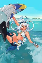 1girl absurdres blue_hair blue_shorts blue_sky body_markings braid breasts bright_pupils dark-skinned_female dark_skin eyelashes genshin_impact gloves hawaiian_clothes headband highres kemomono_(hcpe8523) low_twin_braids mualani_(genshin_impact) ocean partially_fingerless_gloves shorts sky solo surfing tan tanline twin_braids underboob v-shaped_eyebrows white_pupils