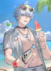 1boy abs absurdres alternate_costume antenna_hair beach black_collar blue_eyes blue_shirt blue_sky blush bracelet collar commentary eyewear_on_head floral_print_shirt food highres holding holding_food holding_phone holding_popsicle honkai:_star_rail honkai_(series) jewelry lion_2929 looking_at_viewer male_focus multiple_rings necklace open_clothes open_shirt phainon_(honkai:_star_rail) phone popsicle ring shirt short_hair sky solo starfish toned toned_male white_hair
