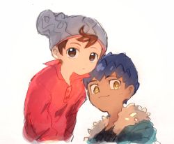 2boys black_shirt blue_hair blue_jacket brown_eyes brown_hair dark-skinned_male dark_skin grey_headwear highres hop_(pokemon) jacket knit_hat kurage2535 looking_at_viewer male_focus multiple_boys nintendo pokemon pokemon_swsh red_shirt shirt simple_background smile upper_body victor_(pokemon) white_background yellow_eyes