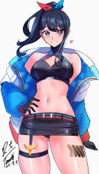 1girl absurdres artist_name bare_shoulders black_gloves black_hair black_panties black_shirt black_skirt blue_eyes blue_jacket blush breasts cleavage commentary_request crop_top dated gloves gridman_universe hand_on_own_hip heart highres jacket large_breasts leg_tattoo long_hair long_sleeves looking_at_viewer microskirt navel official_alternate_costume official_alternate_hairstyle open_clothes open_jacket panties ponytail puffy_long_sleeves puffy_sleeves shirt signature simple_background skindentation skirt smile solo ssss.gridman stomach takarada_rikka tattoo thigh_strap thighs underwear white_background yoo_tenchi