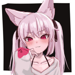 1girl :3 animal_ear_fluff animal_ears black_background black_ribbon blush border bra_strap cat_ears closed_mouth collarbone fox_ears grey_sweater hair_between_eyes hair_ribbon hand_on_own_cheek hand_on_own_face hand_up highres karin_(vrchat) long_hair long_sleeves looking_at_viewer outside_border pink_eyes pink_hair portrait red_eyes ribbon rosisanrosisan simple_background sketch sleeves_past_wrists smile smug solo sweater twintails upper_body vrchat white_border white_sweater