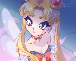 Rule 34 | 1girl, adapted costume, bad id, bad twitter id, bare shoulders, bishoujo senshi sailor moon, blonde hair, blue eyes, blue pupils, blue wings, bow, bowtie, breasts, bright pupils, brooch, chocofish, choker, cleavage, collarbone, commentary, crescent choker, debris, derivative work, detached sleeves, double bun, english commentary, eyelashes, eyeshadow, fairy, fairy wings, glitter, hair bun, hair ornament, hair over shoulder, highres, instagram username, jewelry, leotard, lipstick, long hair, looking ahead, magical girl, makeup, meme, nervous, parted bangs, pink eyeshadow, pink lips, red bow, red bowtie, red choker, sailor moon, sailor moon redraw challenge (meme), screenshot redraw, short sleeves, solo, strapless, strapless leotard, sweatdrop, tile floor, tiles, tsukino usagi, twintails, twitter username, upper body, very long hair, watermark, white leotard, white sleeves, wings, winx club