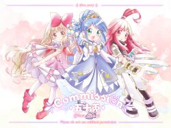 Rule 34 | 3girls, abby (aotu world), ahoge, aotu world, aqua gloves, artist name, asymmetrical gloves, black footwear, black gloves, black leggings, black scarf, blonde hair, blue dress, blue footwear, blue hair, blush, boots, bow, closed mouth, clown, clown drop, club (weapon), commentary, commission, crossover, dress, drill hair, earrings, fingerless gloves, frilled dress, frills, full body, fushigiboshi no futago hime, gloves, gown, green eyes, green shirt, hair bow, hair intakes, hair ornament, hairclip, highres, holding, holding club, holding juggling club, holding wand, holding weapon, huge ahoge, iso usagi, jewelry, juggling club, leggings, long hair, long sleeves, looking at viewer, magical girl, mashiro rima, medallion, multicolored background, multicolored gloves, multiple girls, neck ruff, open mouth, pantyhose, parted lips, pink background, pink dress, pointy footwear, pom pom (clothes), red bow, red eyes, red footwear, red hair, rein (futagohime), rein (prominence dress up) (futagohime), ringlets, scarf, shirt, shoes, short sleeves, shugo chara!, side-by-side, sidelocks, sleeveless, sleeveless dress, smile, star (symbol), star earrings, striped clothes, striped shirt, supportasse, thick eyebrows, tiara, twitter username, two-tone gloves, very long hair, wand, wavy hair, weapon, white bow, white gloves, white pantyhose, wide sleeves, yellow background, yellow eyes, yellow gloves