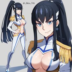 Rule 34 | 1girl, adapted costume, black hair, blue eyes, breasts, cleavage cutout, clothing cutout, earrings, epaulettes, highres, jewelry, kill la kill, kiryuuin satsuki, large breasts, long hair, midriff, multiple girls, pants, ponytail, shio (zsp1jqohfr12495), smile, solo