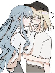Rule 34 | 2girls, bang dream!, bang dream! it&#039;s mygo!!!!!, baseball cap, black hat, blonde hair, blue hair, blush, closed eyes, closed mouth, flying sweatdrops, grey skirt, hand on another&#039;s chin, hat, highres, kira reader, long hair, long sleeves, medium hair, misumi uika, multiple girls, parted lips, shirt, short sleeves, simple background, skirt, smile, togawa sakiko, two side up, white background, white shirt, yellow eyes, yuri