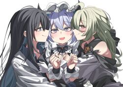 Rule 34 | 3girls, ahoge, black gloves, black hair, blue eyes, blue hair, blue shirt, blush, closed mouth, coat, collared shirt, commentary, commission, cross-shaped pupils, de lacey (neural cloud), de lacey (pollen pulse) (neural cloud), english commentary, female professor (neural cloud), girls&#039; frontline, girls&#039; frontline neural cloud, gloves, green hair, highres, horns, hug, long hair, looking at another, looking at viewer, maid, maid headdress, multiple girls, official alternate costume, open mouth, professor (neural cloud), purple eyes, rirua (kjom802), second-party source, shirt, simple background, smile, symbol-shaped pupils, undine (clumsy band&#039;s maid service) (neural cloud), undine (neural cloud), upper body, white background, white coat