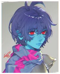 1other aegyo_sal antenna_hair armor blue_hair blue_scarf blue_skin chromatic_aberration closed_mouth colored_skin commentary_request deltarune double-parted_bangs film_grain from_side grey_background hair_between_eyes highres kris_(deltarune) light_smile lips looking_ahead no_pupils other_focus pink_scarf portrait red_eyes scarf se_(hanahide) short_hair shoulder_armor simple_background solo striped_clothes striped_scarf three_quarter_view two-tone_scarf