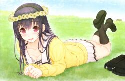 Rule 34 | 1girl, absurdres, black cat, black hair, black hairband, black shoes, black thighhighs, blue sky, breasts, briefcase, cardigan, cat, cleavage, clenched hands, eru (totono), feet up, full body, hair between eyes, hair over shoulder, hairband, highres, kimi to kanojo to kanojo no koi., light blush, loafers, long hair, long sleeves, lying, nitroplus, official art, on grass, on stomach, pleated skirt, pocket, purple eyes, sailor collar, scan, school briefcase, school uniform, serafuku, shoes, skirt, sky, smile, solo, sone miyuki, straight hair, teeth, thighhighs, tsuji santa, upper teeth only, white sailor collar, white serafuku, white skirt, yellow cardigan