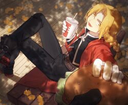 Rule 34 | 1boy, 1other, :d, ahoge, ankle boots, autumn leaves, belt, bench, black boots, black pants, blonde hair, boots, braid, braided ponytail, brown belt, burger, cup, curtained hair, day, disposable cup, drinking straw, edward elric, figure four sitting, food, foreshortening, from above, from side, full body, fullmetal alchemist, gloves, highres, holding, holding burger, holding cup, holding food, jacket, leaf, long hair, looking at viewer, male focus, on bench, open clothes, open jacket, open mouth, outdoors, pants, park bench, path, pov, pudding49500, reaching, reaching towards viewer, red jacket, road, sitting, smile, solo focus, white gloves, yellow eyes
