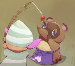 1boy 1other animal_crossing animal_ears apron blood blue_apron blue_eyes body_fur boke-chan brown_background brown_fur day fishing_rod from_behind full_body furry furry_male grass green_headwear green_shirt half-closed_eyes hat holding holding_fishing_rod hook injury kneeling multicolored_fur nintendo no_mouth outdoors pain raccoon_boy raccoon_ears raccoon_tail shirt short_sleeves simple_background sketch snout striped_clothes striped_headwear striped_shirt tail tears tom_nook_(animal_crossing) upper_body villager_(animal_crossing) waist_apron wall-eyed yellow_fur