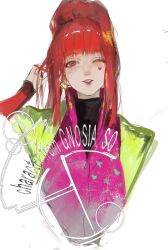 Rule 34 | 1girl, blunt bangs, earrings, english text, gnosia, hair between eyes, heart, heart earrings, heart tattoo, high ponytail, highres, jewelry, long hair, long sleeves, looking at viewer, one eye closed, ponytail, red eyes, red hair, simple background, smile, solo, sq (gnosia), tattoo, turtleneck, upper body, yoruirooo777