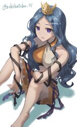 1girl aokihatoba_01 barefoot chirizuka_ubame crown highres long_hair looking_at_viewer purple_eyes sitting solo touhou twitter_username wavy_hair