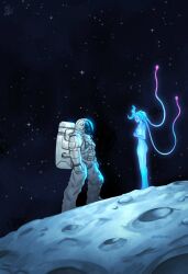 0homi 1boy 1girl alien arcane:_league_of_legends arcane_jinx astronaut backpack bag blue_skin colored_skin ekko_(league_of_legends) helmet jinx_(league_of_legends) league_of_legends looking_at_another moon pink_eyes science_fiction signature space space_helmet spacesuit star_(sky) tendril