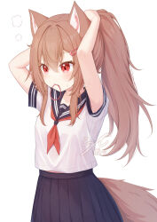 Rule 34 | 1girl, animal ears, blue sailor collar, blue skirt, breasts, brown hair, commentary request, fox ears, fox girl, fox tail, hair ornament, hair tie in mouth, hairclip, highres, long hair, mouth hold, neckerchief, original, pleated skirt, ponytail, rade (rade 552), red eyes, red neckerchief, sailor collar, school uniform, serafuku, shirt, short sleeves, simple background, skirt, small breasts, solo, tail, white background, white shirt