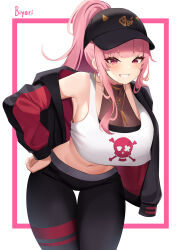 1girl absurdres artist_name baseball_cap biyo_yoo black_hat black_jacket black_pants breasts cleavage crop_top earrings gold_necklace hand_on_own_hip hat highres hololive hololive_english hoop_earrings jacket jewelry large_breasts leaning_forward long_hair midriff mori_calliope mori_calliope_(streetwear) navel necklace open_clothes open_jacket pants pink_eyes pink_hair ponytail see-through_cleavage see-through_clothes skull_print smile solo tank_top thigh_gap virtual_youtuber white_tank_top