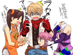 3girls :d ahoge alisa_boskonovich android armlet asymmetric_gloves asymmetrical_gloves blonde_hair blue_eyes brown_hair detachable_head disembodied_head drill_hair fingerless_gloves flower gloves green_eyes hair_flower hair_ornament jewelry leo_kliesen ling_xiaoyu multicolored_hair multiple_girls open_mouth orange_shirt pink_hair popon_ta red_eyes reverse_trap shirt short_hair smile tears tekken translation_request twintails uneven_gloves