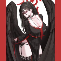 1girl black_choker black_garter_belt black_garter_straps black_hair black_shirt black_skirt black_thighhighs black_wings blue_archive breasts choker cleavage closed_mouth commentary_request cowboy_shot crop_top crop_top_overhang english_text expressionless feathered_wings garter_belt garter_straps halo hasumi_(blue_archive) highres huge_breasts long_hair long_skirt long_sleeves mole mole_under_eye neckerchief oversized_wings pillarboxed pleated_skirt red_eyes red_halo red_neckerchief sailor_collar sanakk shirt side_slit simple_background skirt solo standing straight_hair thighhighs turning_head white_background white_sailor_collar wings