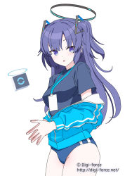 1girl black_shirt blue_archive blue_buruma blue_jacket buruma commentary_request double_vertical_stripe drone gym_uniform hair_ornament halo highres jacket kimura_shigetaka lanyard long_hair looking_at_viewer mechanical_halo open_mouth purple_eyes purple_hair shirt short_sleeves simple_background solo standing thighs two_side_up white_background yuuka_(blue_archive) yuuka_(track)_(blue_archive)