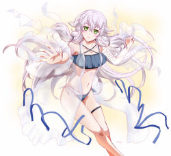 1girl altina_orion artist_name bikini breasts double-parted_bangs eiyuu_densetsu floating_hair gradient_background green_eyes hair_between_eyes hajimari_no_kiseki long_hair looking_at_viewer navel simple_background small_breasts smile solo stomach swimsuit two_side_up white_hair xiacheng_tatsuya yellow_background