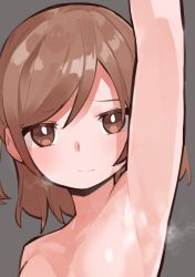 1girl absurdres aijou_karen arm_up armpits breasts bright_pupils brown_eyes brown_hair closed_mouth commentary goe_(g-o-e) grey_background highres light_blush looking_at_viewer medium_breasts nude out-of-frame_censoring portrait short_hair shoujo_kageki_revue_starlight simple_background solo steaming_body swept_bangs upper_body white_pupils