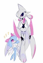 alternate_color arm_blade blue_hair blue_skin colored_skin gen_3_pokemon hair_over_one_eye highres horns iron_valiant kirlia masayo_(skip) multicolored_skin musical_note nintendo pink_eyes pokemon pokemon_(creature) robot shiny_pokemon sidelocks two-tone_skin waist_cape weapon white_skin