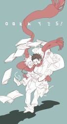 Rule 34 | 2boys, aged down, backpack, bag, book, hatake kakashi, highres, hug, hug from behind, male focus, multiple boys, naruto (series), naruto shippuuden, red scarf, scarf, shadow, shared clothes, shared scarf, shoes, short hair, socks, spiked hair, uchiha obito, vosovic, yaoi