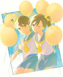 2024 2girls ascot balloon blue_sailor_collar blue_shorts blue_sky blurry blurry_background blurry_foreground blush border bow brown_eyes brown_hair cloud confetti dated day dot_nose eyelashes futami_ami futami_mami hair_bow highres idolmaster idolmaster_(classic) idolmaster_million_live! idolmaster_million_live!_theater_days light_blush medium_hair multiple_girls one_eye_closed open_mouth outside_border sailor_collar salut_rrr school_uniform serafuku shirt short_hair short_sleeves shorts siblings side_ponytail sky smile swept_bangs teeth tilted_border twins upper_teeth_only white_border white_shirt yellow_ascot yellow_bow