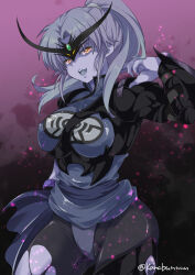 1girl :d armor breasts dark_persona dragon_quest dragon_quest_dai_no_daibouken looking_at_viewer maam matsubara_kanabun medium_hair open_mouth orange_eyes pantyhose smile solo torn_clothes