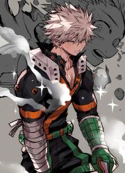 2boys bakugou_katsuki bandaged_arm bandages belt black_pants black_shirt blonde_hair boku_no_hero_academia chiyaya collarbone collared_shirt cowboy_shot crying crying_with_eyes_open explosive gloves green_belt grenade grey_background highres looking_to_the_side male_focus midoriya_izuku multiple_boys open_collar pants parted_lips red_eyes shirt short_hair smoke sparkle spiked_hair superhero_costume tears teeth torn_clothes torn_shirt uneven_eyes wide-eyed