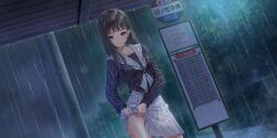 Rule 34 | 1girl, black hair, blue eyes, blue reflection (series), blue reflection sun, blue shirt, breasts, bus stop, closed mouth, collarbone, dutch angle, game cg, highres, kishida mel, long hair, long sleeves, medium breasts, midriff peek, non-web source, official art, outdoors, rain, sailor collar, shirt, sign, skirt, solo, straight hair, tree, wet, wet clothes, white sailor collar, white skirt, wringing clothes, wringing skirt, xiao meiqi