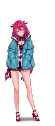 1girl blue_eyes choker closed_mouth commentary english_commentary gbk43023471 green_jacket hands_in_pockets heterochromia highres hololive hololive_english irys_(hololive) irys_(irys_2.0)_(hololive) jacket panties pink_eyes pink_hair pink_panties shirt solo underwear white_background white_shirt