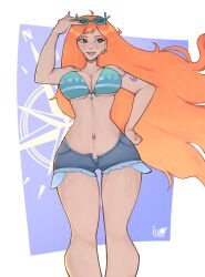 1girl absurdres adapted_costume bikini breasts denim denim_shorts freckles green_bikini hand_on_own_hip highres jeyzaturn large_breasts long_hair looking_to_the_side nami_(one_piece) nami_(one_piece)_(return_to_sabaody) navel_piercing one_piece orange_hair piercing shorts shoulder_tattoo solo striped_bikini striped_clothes sunglasses swimsuit tattoo unbuttoned_pants