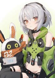 Rule 34 | 1girl, absurdres, anby demara, bangboo (zenless zone zero), black skirt, black thighhighs, braid, brown eyes, cowboy shot, dodo (yatotoyatoto), eous (zenless zone zero), hair between eyes, headphones, highres, light blush, looking at viewer, navel, parted lips, short hair, side braid, sidelocks, simple background, skirt, smile, thighhighs, white hair, zenless zone zero