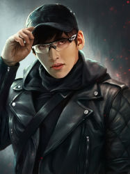 1boy baseball_cap black_hair brown_eyes earpiece glasses gradient_background hand_on_headwear hat healer highres jacket ji_chang-wook leather leather_jacket male_focus quilted_jacket seo_jung_hoo solo zipper