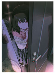 Rule 34 | 1girl, @ @, absurdres, against door, black hair, black slippers, border, closed mouth, commentary request, door chain, doorway, expressionless, from above, from outside, hand up, highres, hood, hoodie, kyano (kyanora3141), light particles, long sleeves, looking at viewer, medium hair, opening door, original, pink hoodie, pov doorway, red eyes, skirt, slippers, solo, standing, sweat, trash bag, white border
