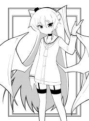 Rule 34 | 1girl, amatsukaze (kancolle), ataru (ataru-littlebird), choker, demon wings, dress, feet out of frame, garter straps, greyscale, hair tubes, hat, highres, kantai collection, lifebuoy ornament, looking at viewer, mini hat, monochrome, sailor collar, sailor dress, smokestack hair ornament, solo, standing, thighhighs, two side up, wings
