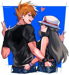 1boy 1girl bare_shoulders black_shirt blue_background blue_oak blue_pants border brown_eyes brown_hair cowboy_shot denim from_behind hand_in_pocket hat heart highres kash-phia leaf_(pokemon) looking_at_viewer looking_back nintendo pants pokemon pokemon_frlg shirt simple_background w white_border white_hat