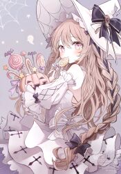 1girl absurdres artist_name bare_shoulders black_bow blush bow braid candy candy_cane detached_sleeves dress food grey_background halloween halloween_bucket hat highres holding holding_candy holding_food holding_lollipop irono1910 jack-o&#039;-lantern light_brown_hair lolita_fashion lollipop long_hair long_sleeves looking_at_viewer original pink_eyes puffy_long_sleeves puffy_sleeves pumpkin silk solo spider_web swirl_lollipop trick_or_treat white_dress white_hat witch witch_hat