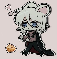 Rule 34 | 1girl, absurdres, animal ears, black coat, black pants, black shoes, black vest, blue eyes, cheese, closed mouth, coat, coat on shoulders, deformed, faust (project moon), food, full body, give miol, grey sweater, heart, highres, limbus company, long sleeves, looking at viewer, mouse ears, mouse girl, pants, pink background, project moon, shoes, short hair, simple background, solo, standing, sweater, vest, white hair