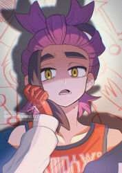 1boy black_hair chromatic_aberration collarbone commentary_request gloves hand_up jacket kieran_(pokemon) long_sleeves looking_at_viewer lower_teeth_only male_focus mole mole_on_neck multicolored_hair nintendo off_shoulder open_mouth orange_(orangelv20) pokemon pokemon_sv purple_hair red_gloves red_shirt shirt short_hair signature sleeveless sleeveless_shirt solo teeth two-tone_hair upper_body watermark yellow_eyes