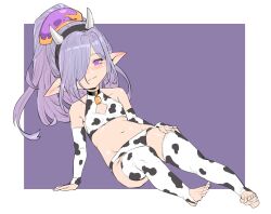 Rule 34 | 1girl, animal print, bikini, blush, breasts, cow print, cow print bikini, cow print thighhighs, full body, granblue fantasy, hair over one eye, harvin, high heels, long hair, looking at viewer, navel, niyon (granblue fantasy), print bikini, print thighhighs, purple eyes, purple hair, small breasts, smile, solo, stirrup legwear, swimsuit, thighhighs, toeless legwear, yggsil