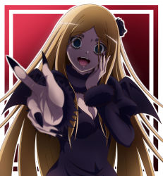 Rule 34 | 1girl, bat wings, black dress, black nails, blonde hair, blue eyes, breasts, cleavage, demon girl, demon wings, dress, empty eyes, fangs, fur choker, fur trim, hair ornament, hand on own face, highres, long hair, nail polish, overlord (maruyama), pointy ears, renner theiere chardelon ryle vaiself, sharp nails, very long hair, wings, yandere
