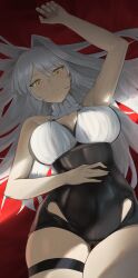 Rule 34 | 1girl, absurdres, black shorts, breasts, camus (luthfancamus), high-waist shorts, highres, large breasts, lying, on back, red background, shorts, single hair intake, solo, thigh strap, thighs, white hair, yellow eyes, yi xuan (zenless zone zero), zenless zone zero
