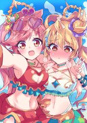 2girls ahoge blonde_hair blush breasts eyelashes highres himiya_jouzu medium_breasts metatron_(monster_stirke) monster_strike multiple_girls navel ocean open_mouth red_hair sandalphon_(monster_strike) selfie swimsuit v