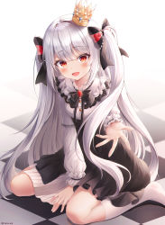 Rule 34 | 1girl, :d, absurdres, black bow, black bowtie, black skirt, blush, bow, bowtie, checkered floor, chinese commentary, commentary, commentary request, commission, crown, english commentary, full body, gothic lolita, hair bow, high-waist skirt, highres, ichizon, kneehighs, korean commentary, lolita fashion, long hair, long sleeves, looking at viewer, mini crown, mixed-language commentary, open mouth, original, outstretched arm, puffy long sleeves, puffy sleeves, reaching, reaching towards viewer, red eyes, shirt, silver hair, simple background, sitting, skirt, smile, socks, solo, two side up, very long hair, wariza, white background, white shirt, white socks