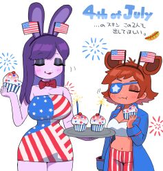 2girls american_flag american_flag_print animal_ears bonnie_(fnaf) breasts cleavage closed_eyes colored_skin commentary_request cupcake eating extra_ears eyepatch five_nights_at_freddy&#039;s five_nights_at_freddy&#039;s_1 flag_print food fourth_of_july fox_ears fox_girl foxy_(fnaf) genderswap genderswap_(mtf) highres holding humanization large_breasts long_hair medium_breasts minami_(mnm-kyk) multiple_girls purple_hair purple_skin rabbit_ears rabbit_girl red_hair red_skin translation_request white_background